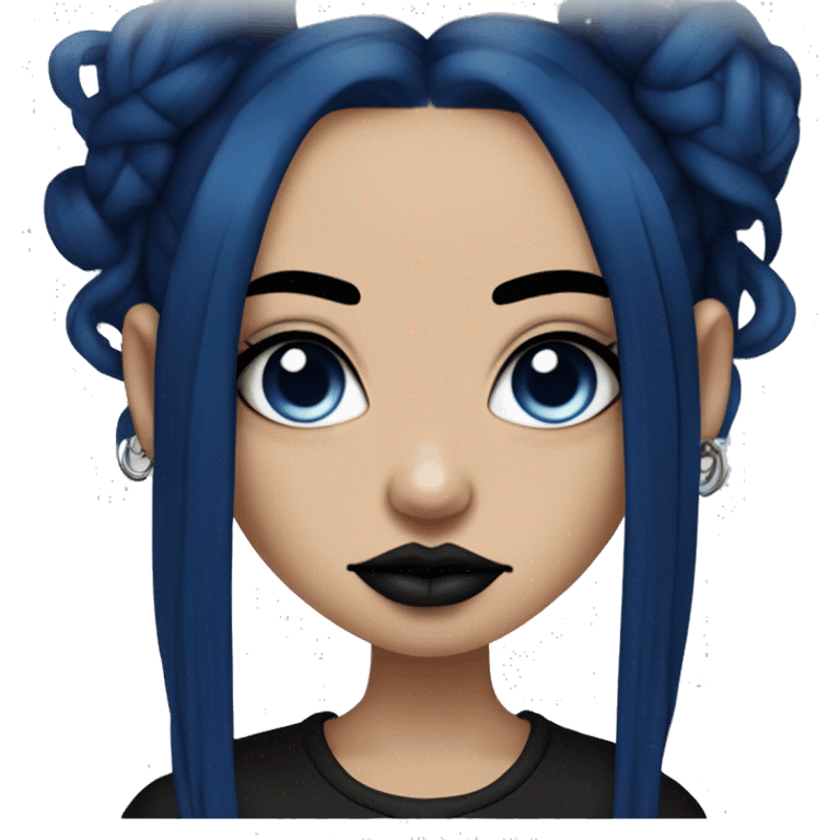 tan goth girl with dark blue hair, septum piercing, nose piercing, eyebrow piercing, side labret piercing emoji