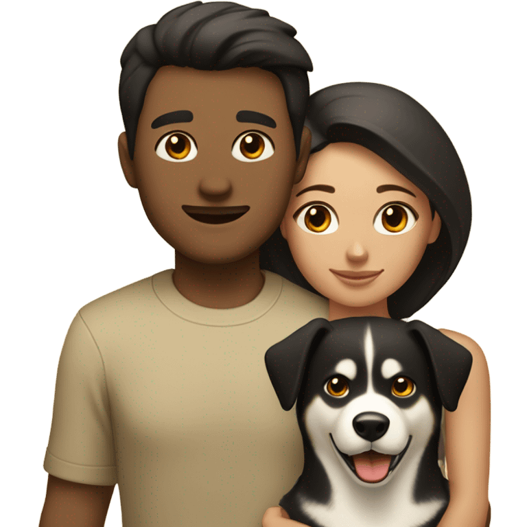 A couple man and woman Both have dark hair, with in the middle of them. A Husky. Golden beige emoji