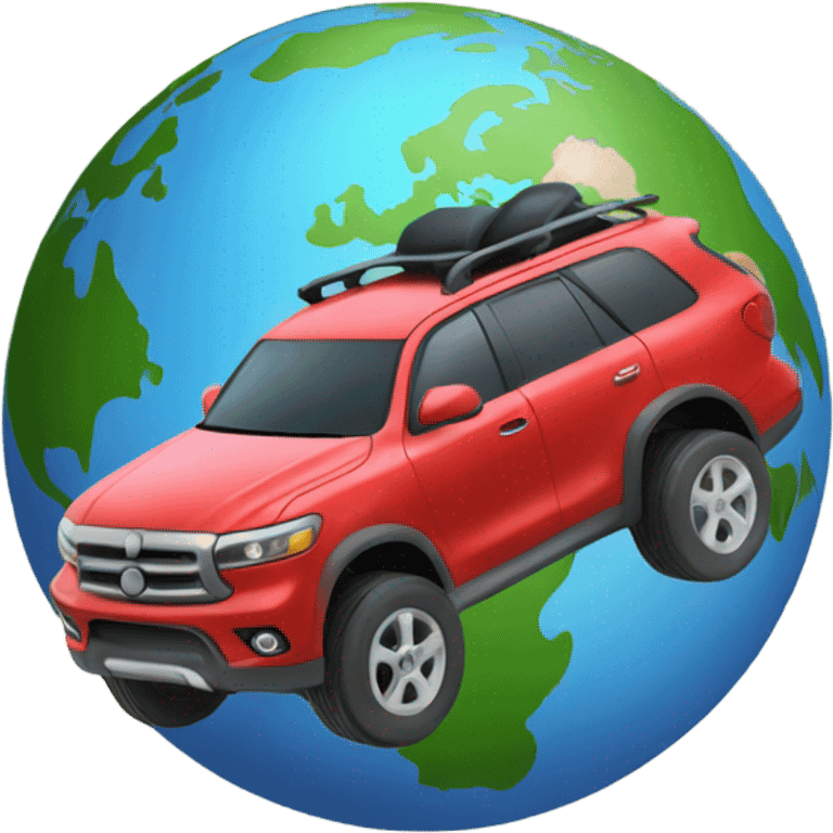 an adventurous SUV passing over the small earth globe emoji