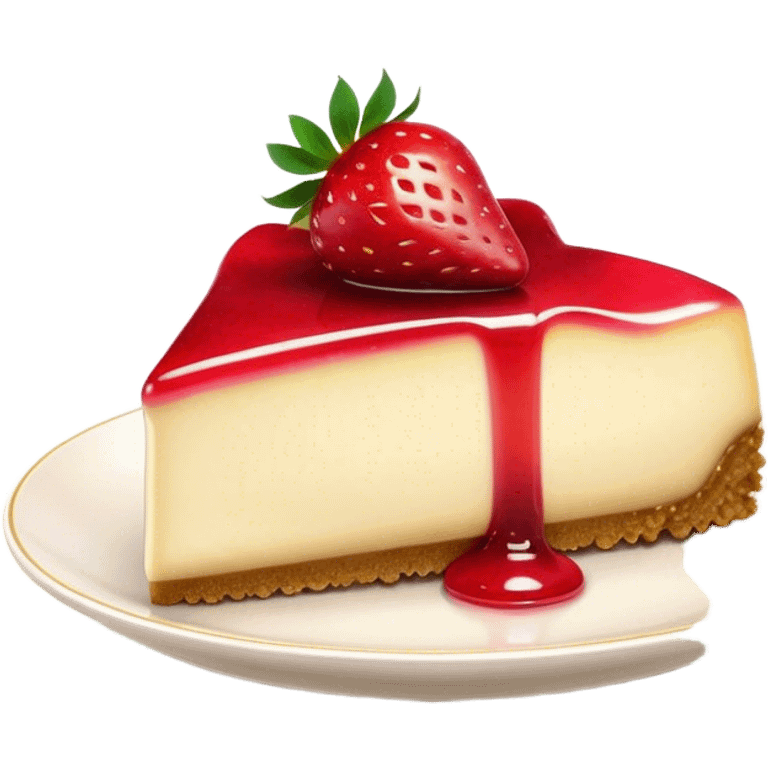 Cinematic creamy cheesecake, smooth and velvety, topped with fresh strawberries and a glossy fruit glaze, golden crumbly crust, beautifully plated, soft glowing background, indulgent and elegant. emoji