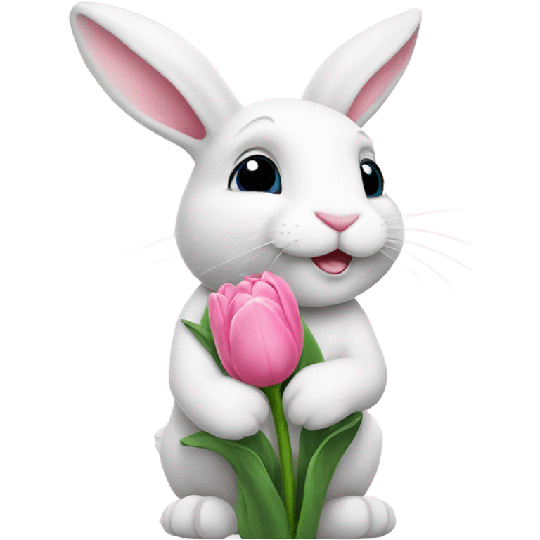 white cute bunny holding pink tulip emoji