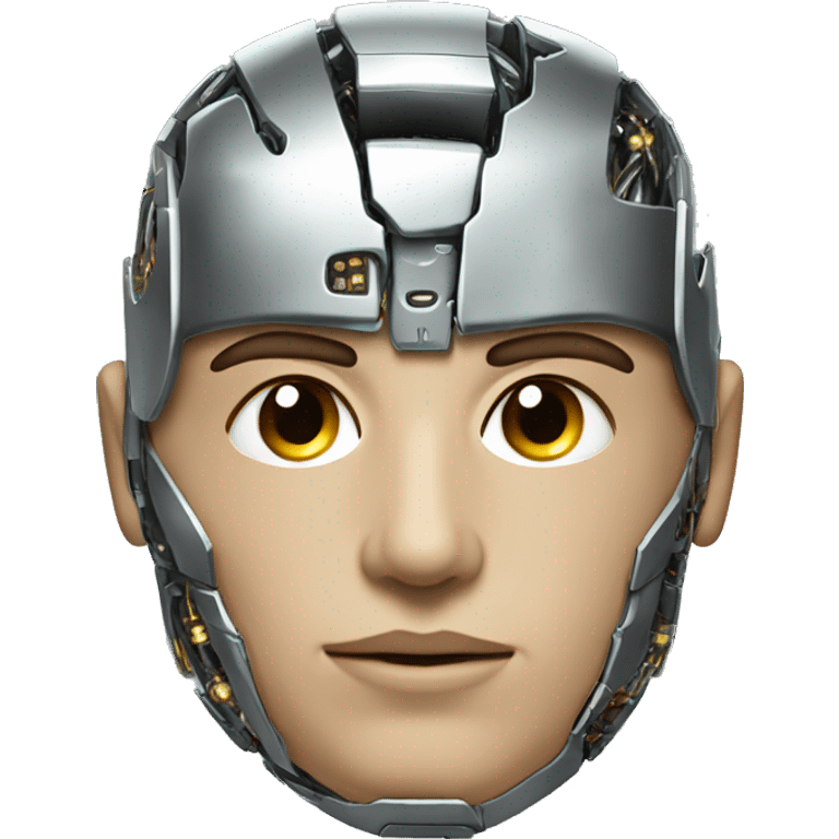 Male cyborg head with metallic plated face, short brown hair and circuitry emoji