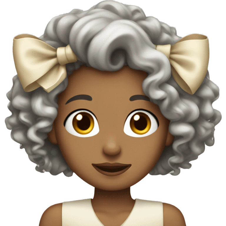 Curly haired brunette wearing a cream colored hair bow emoji