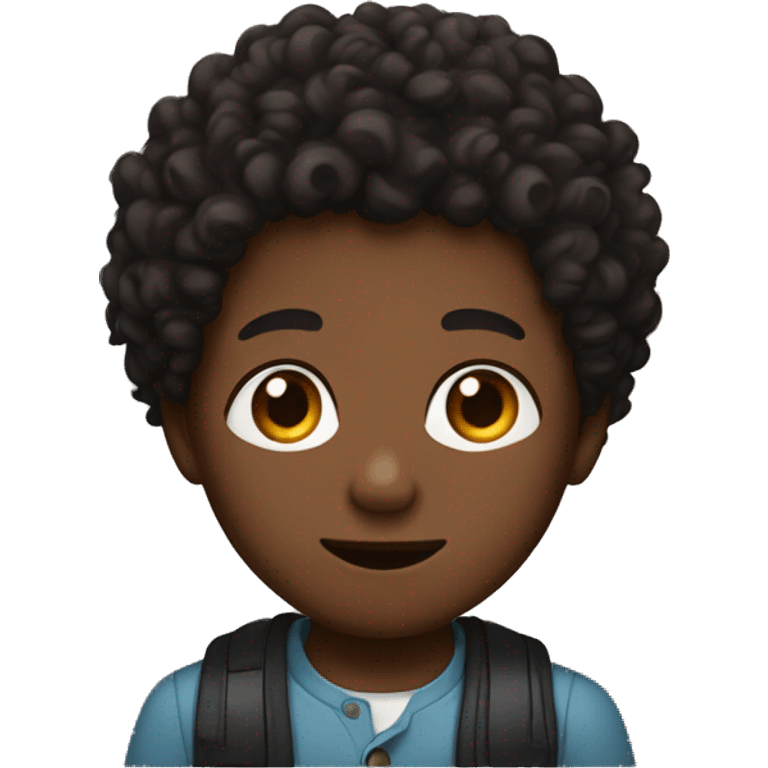 black boy with brown curly hair black button eyes and a black coar emoji