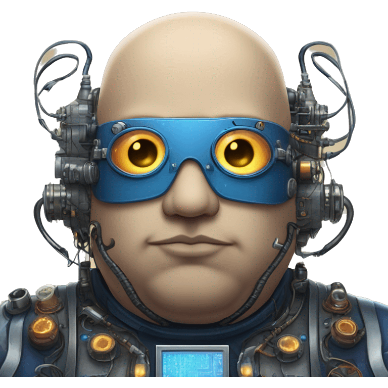 Fat bald cyborg head with tan skin, blue beard, blue steampunk goggles and circuits emoji