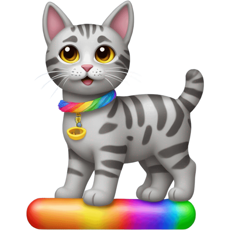 Grey tabby cat with rainbow lama toy emoji