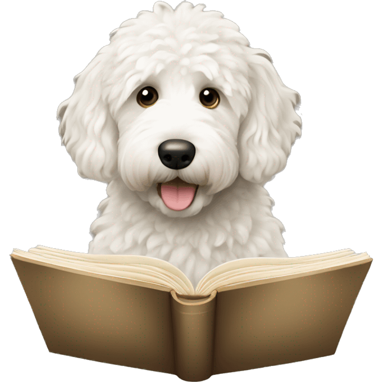 White golden doodle reading a book emoji