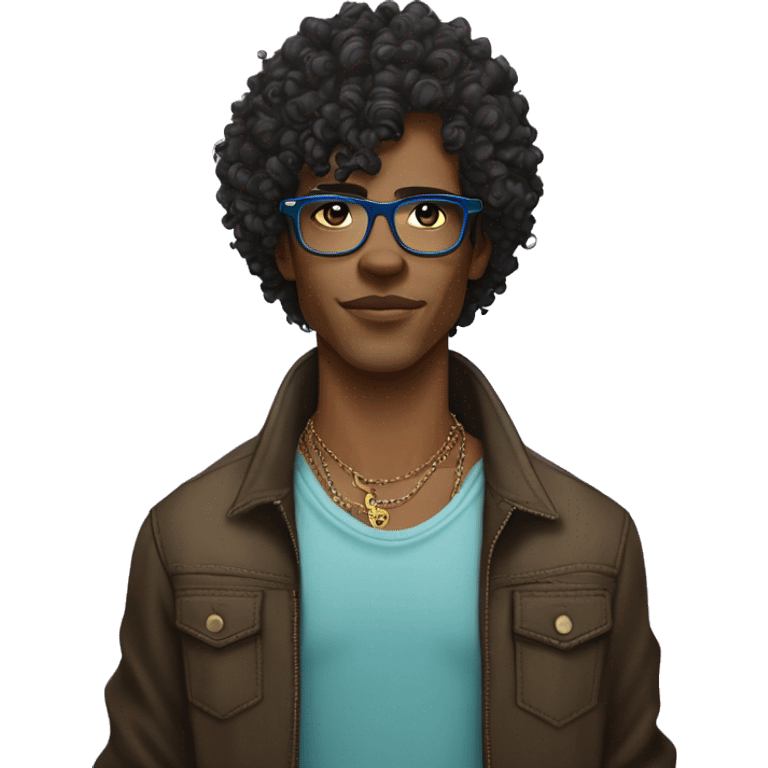 A black light skin male young designer, with curly long hair and a rayban style glasses, with two tattoos of dobbermans on the neck emoji