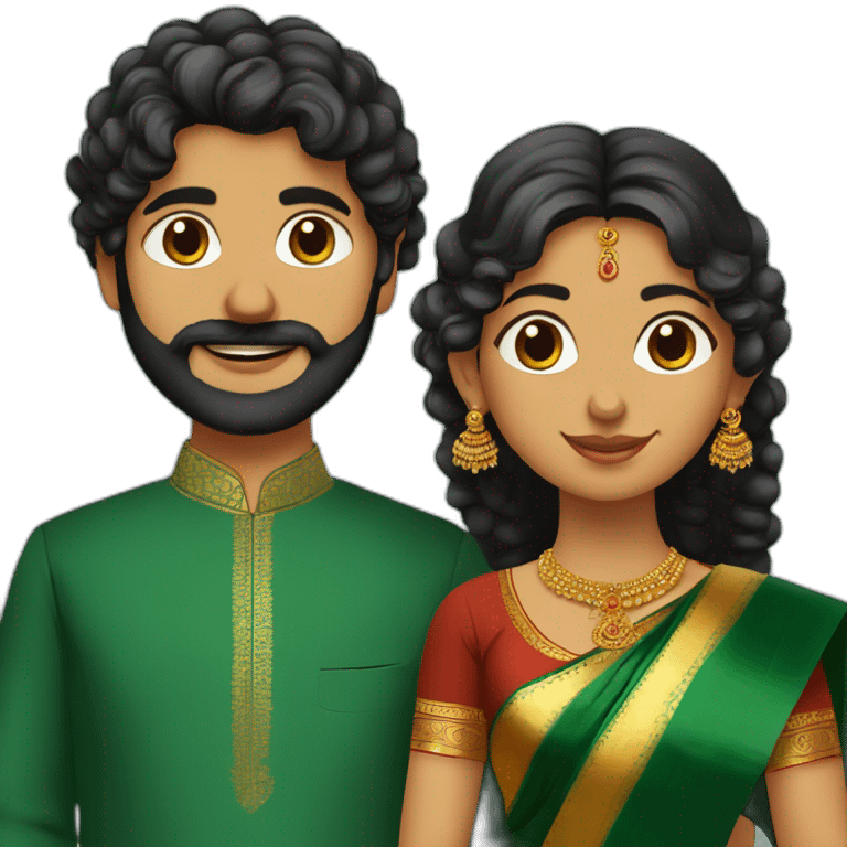 south indian girl with curly hair wearing dark green saree marrying south indian guy with straight hair and beard wearing dhoti emoji