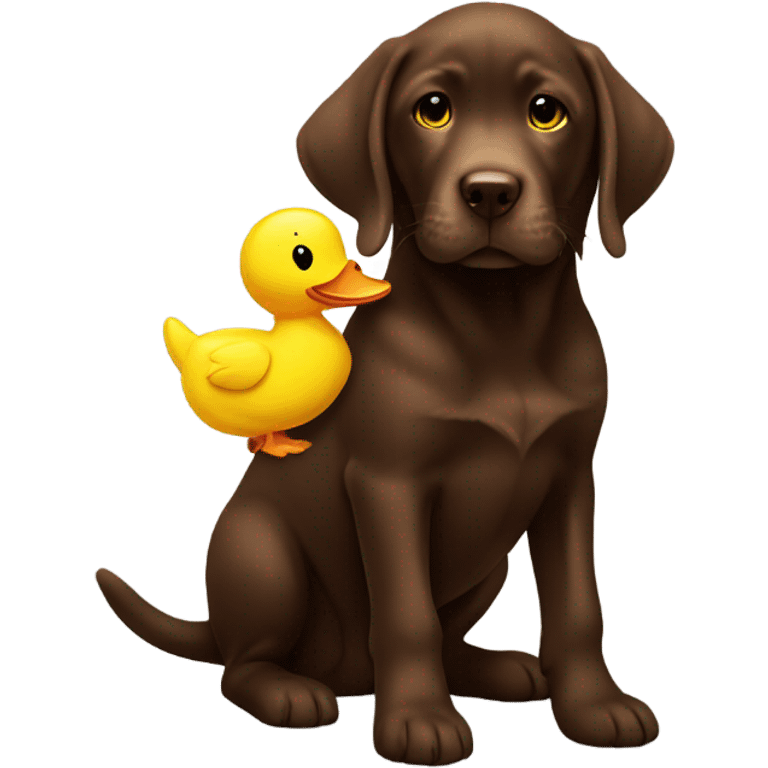 Chocolate lab puppy with big yellow duck plush toy in mouth emoji