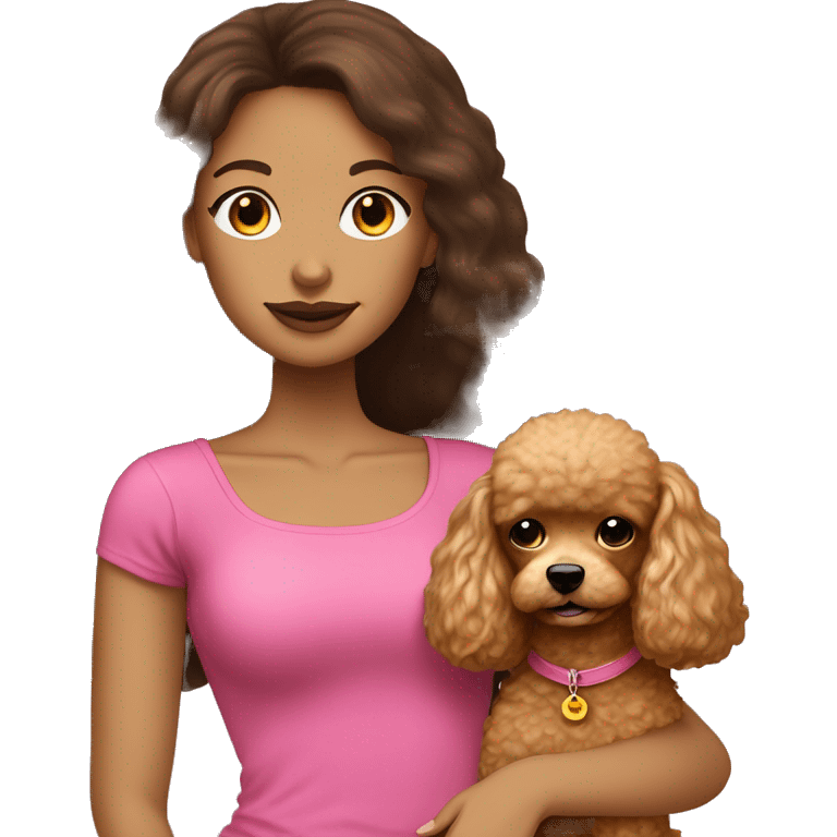 Long straight hair brunette girl in pretty pink strapples top holding a golden toy poodle emoji