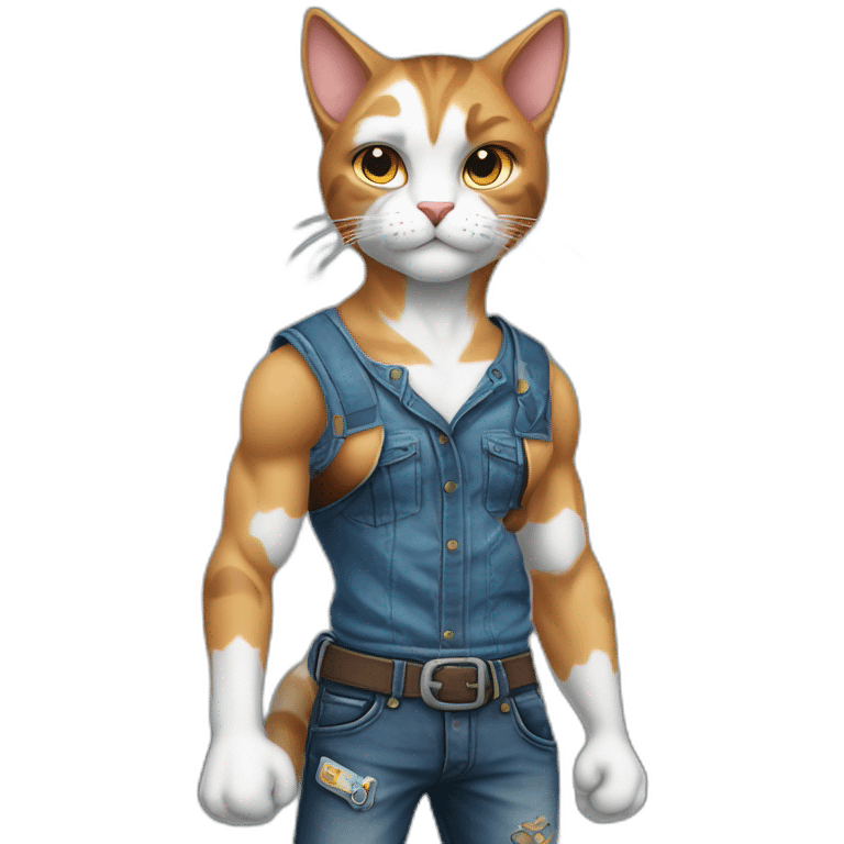 Meowscles is a muscular and humanoid calico cat in blue jeans. He has a heart with "Lynx" written inside of it tattooed on his right bicep. emoji