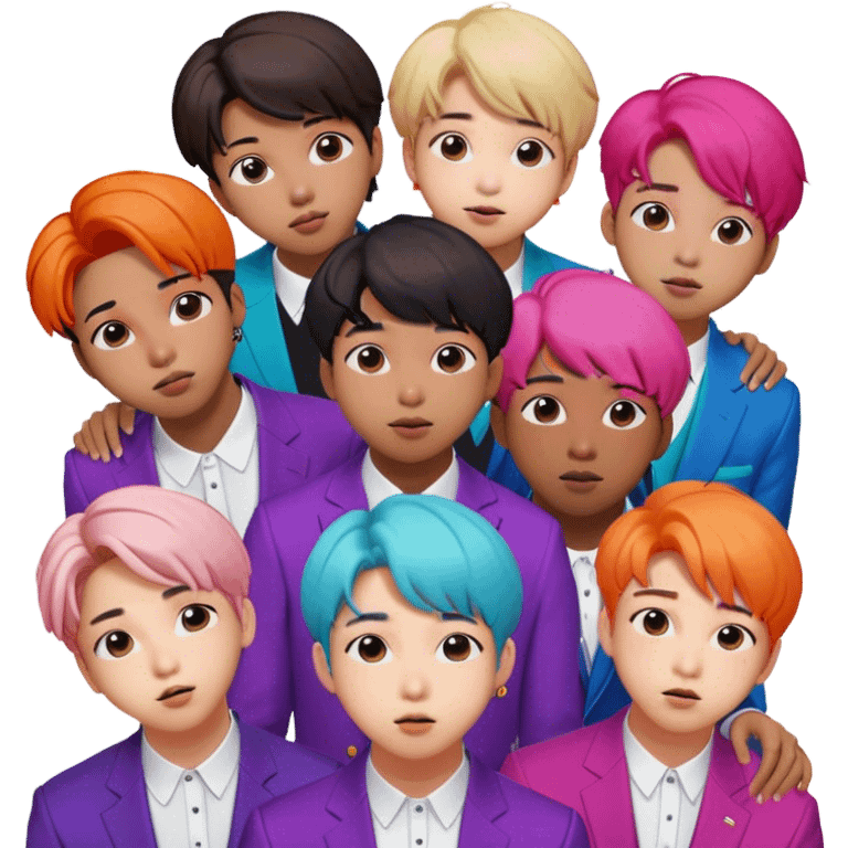 Cinematic Realistic group portrait of BTS featuring all 7 members in stylish modern attire, with detailed facial expressions and vibrant colors, captured in dynamic, contemporary lighting that emphasizes their global pop icon status emoji