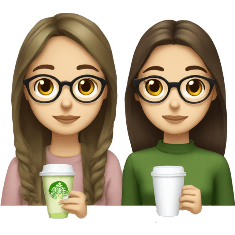 two girls drinking matcha lattes together they both have brown hair and brown eyes one has glasses and straight hair the other has wavy hair slightly shorter than the other girl  emoji