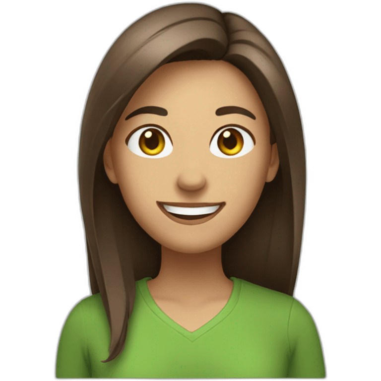 Woman with straight brown hair, big smile, green shirt emoji