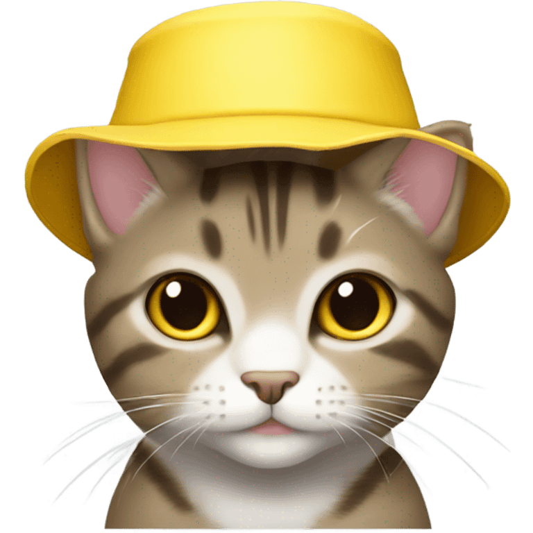 Cute little brown and grey tabby cat with a yellow bucket hat on emoji