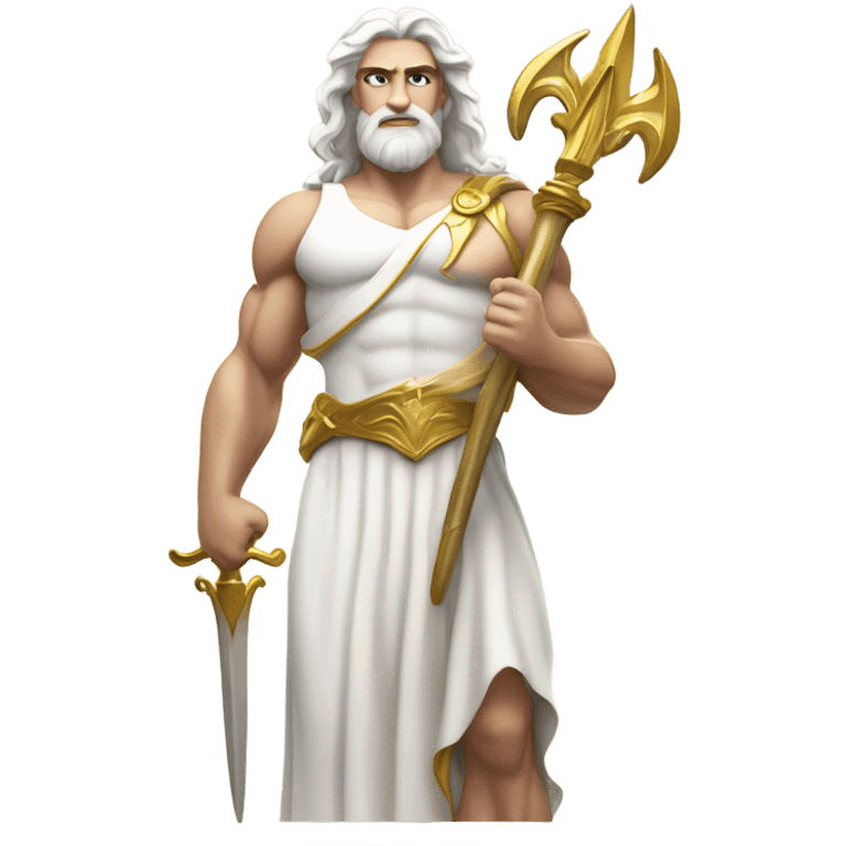 white Poseidon with gold Trident. long hair white dress. show biceps emoji