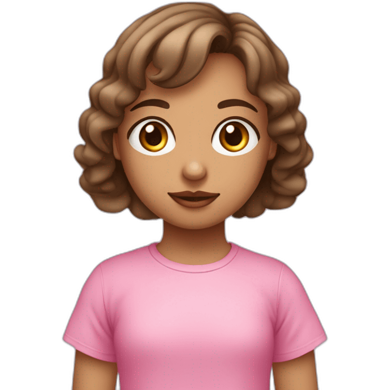 niña con pelo corto ondulado con ojos azules con camiseta rosa emoji