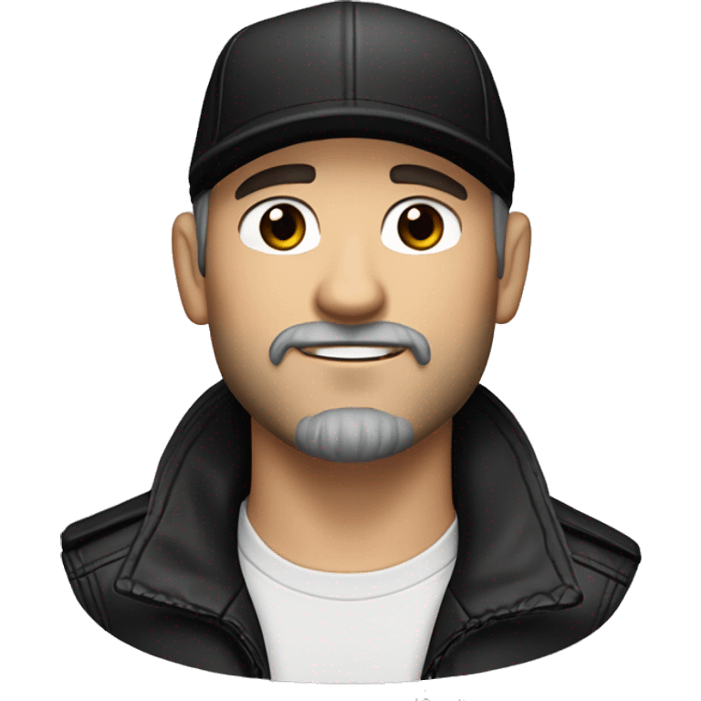 An adult white skin portrait of male with stubble and a slightly gray beard, brown hair, black eyes, wearing a black Reebok cap with a round emblem on his head, and a black leather jacket. emoji