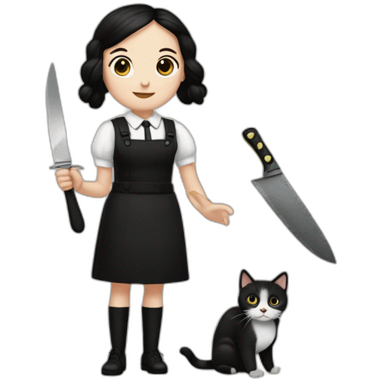 wednesday adams with a cat in right hand and a knife in left hand emoji