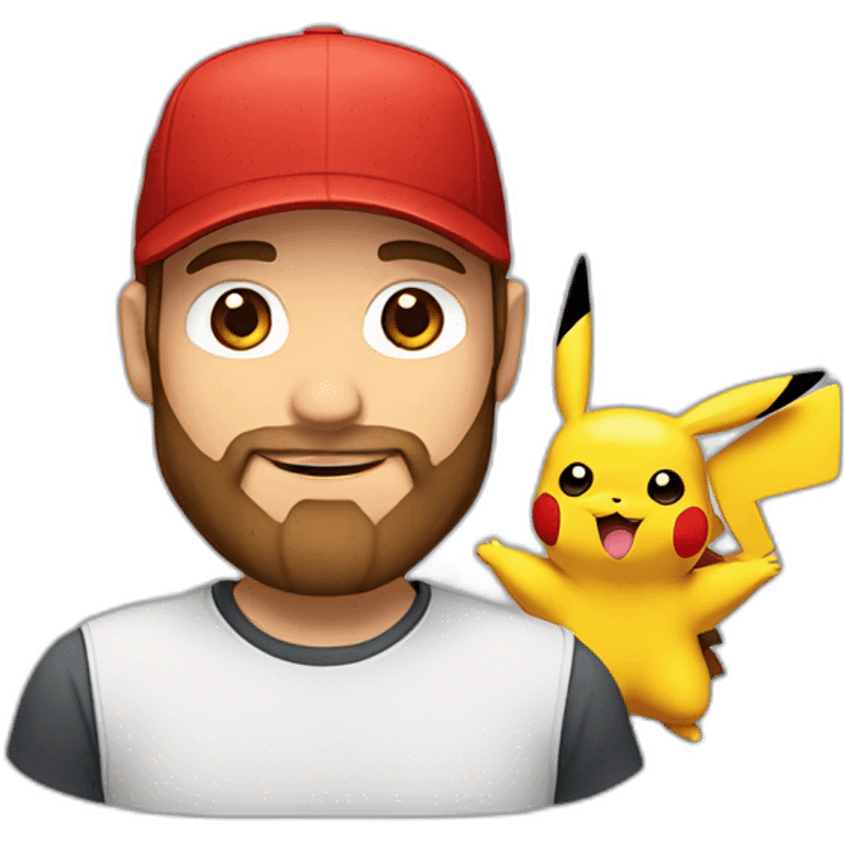 white man with brown hair and beard and a red cap, holding and a pikachu pokemon emoji