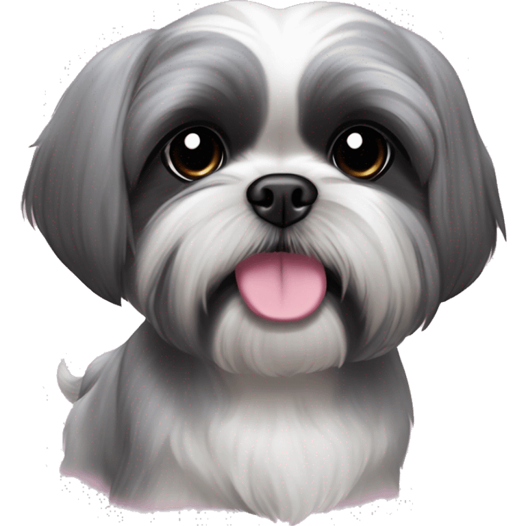 cute grey girl shih tzu with black at the ends of ears and dark around eyes and pink collar that says Zoey emoji