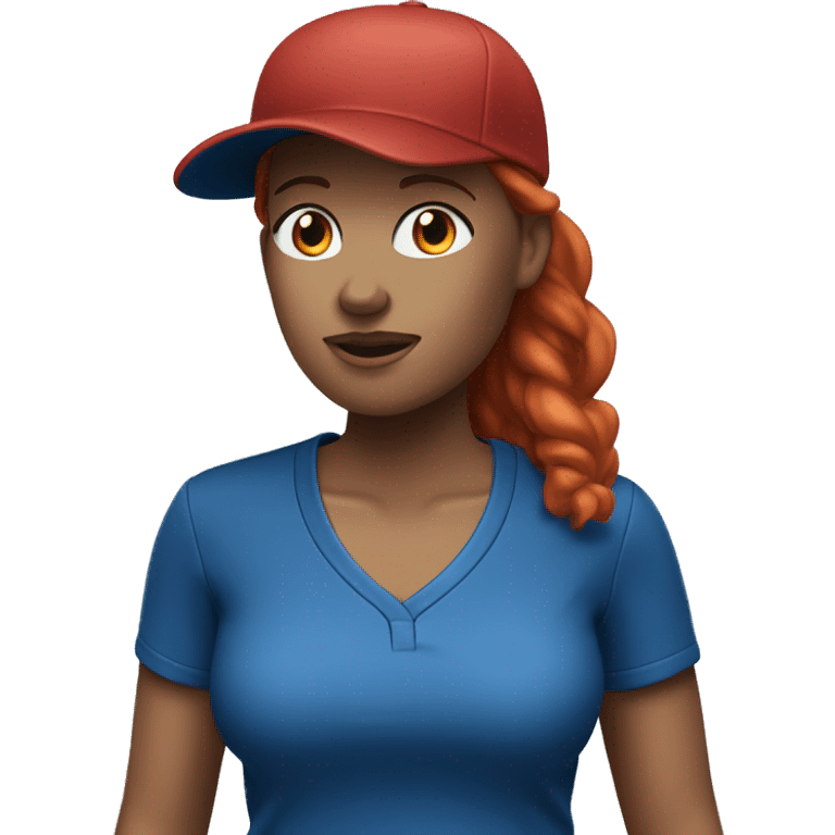 female coach standing up with red hair in blue shirt and with a blue baseball hat emoji