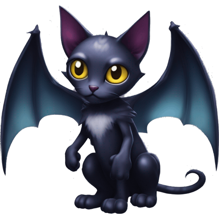 Cute edgy cool realistic vampiric dark eldritch fantasy cat-vernid-Fakémon-Digimon with bat-wings as ears full body emoji