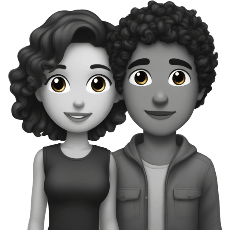 A dark-haired girl with freckles and a fair face kisses a dark-haired and curly guy with gray eyes on the cheek emoji