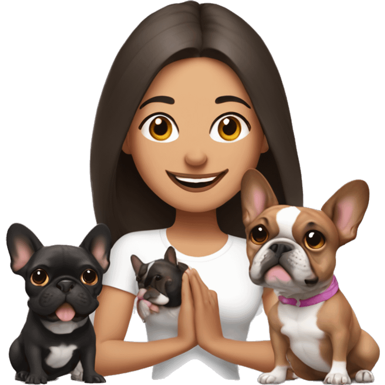 latin woman with long dark brown hair expressing joy dressed in a yoga outfit alongside two french bulldogs emoji