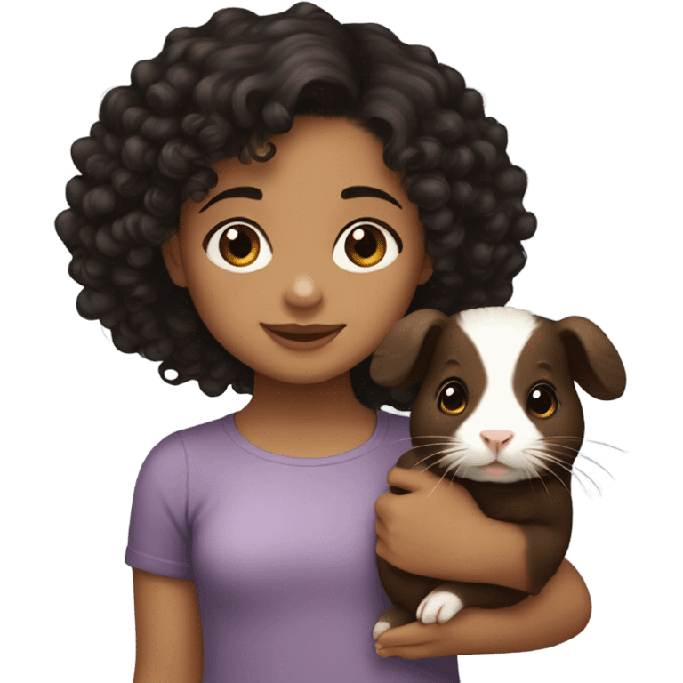 Little light skin girl with black curly hair holding a brown and dark brown Guinea pig emoji