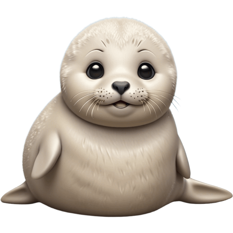 Cinematic Cute Baby Seal Portrait Emoji, Head tilted playfully and inquisitively, featuring a charming, pudgy body with velvety, damp fur, oversized round eyes brimming with innocent wonder, and a soft, cuddly face, Simplified yet irresistibly adorable features, highly detailed, glowing with a warm, frosty glow, high shine, affectionate and lively, stylized with a touch of whimsical polar magic, soft glowing outline, capturing the essence of a mischievous yet loving baby seal that seems as if it could waddle out of the screen into your arms! emoji