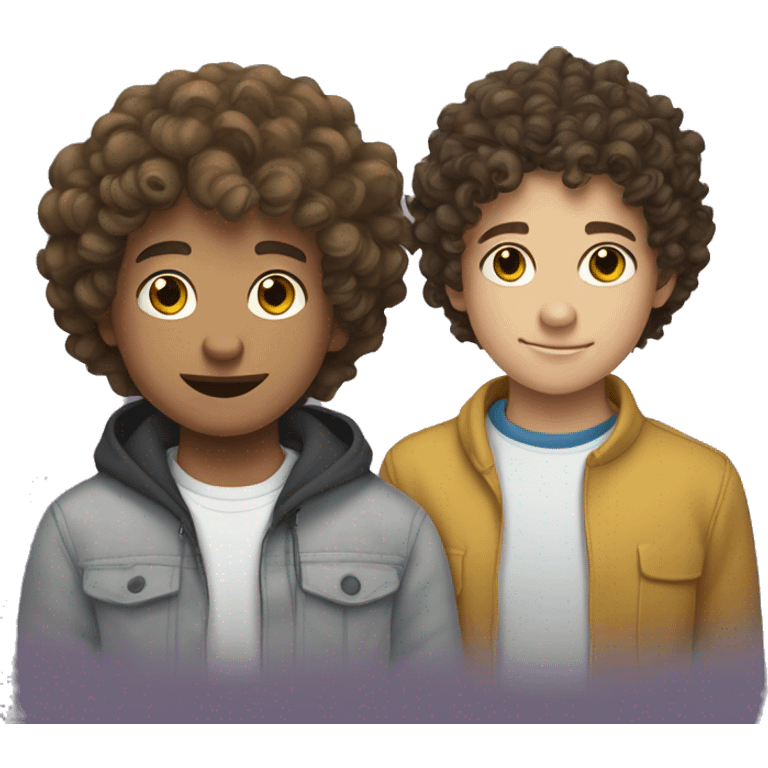 cartoon photo of both a mixed teen with curly hair and white teen boy with wavy short  hair ,  emoji