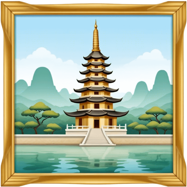 Cinematic Realistic Tran Quoc Pagoda Landmark Emoji, depicted with an ancient pagoda set on tranquil waters rendered with delicate textures and serene, reflective lighting. emoji