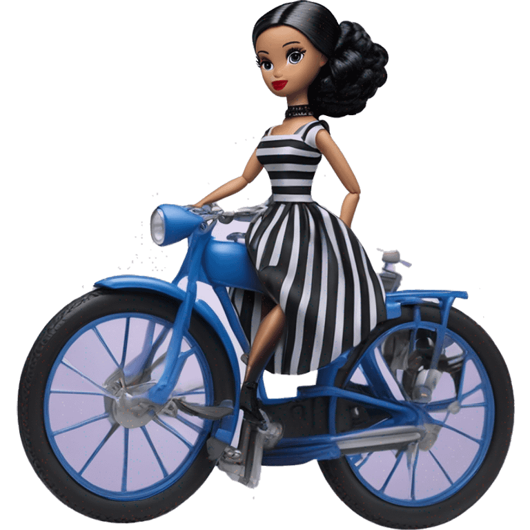 1920s black hair Silkstone Marie Antoinette Barbie Wednesday Addams from academy in a blue and black vertically-striped classic dress. riding hot rod bikes with crows emoji