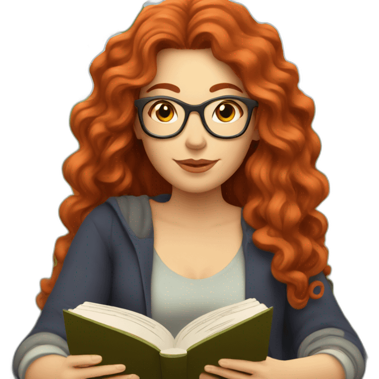 White woman with long curly red hair reading a book with a glass of wine in a park emoji