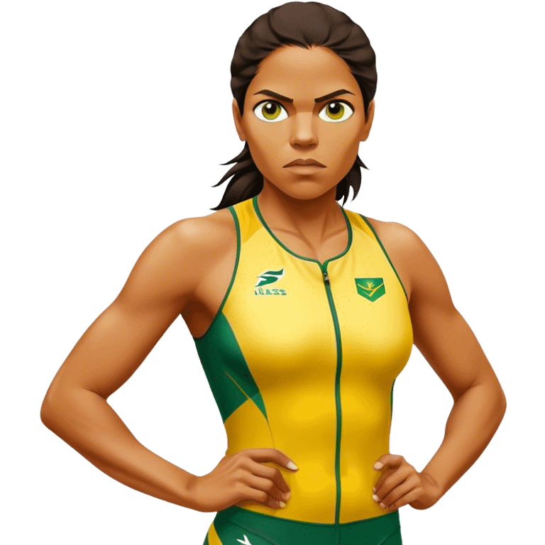 Cinematic Realistic portrait of Cathy Freeman, shown as an iconic Australian sprinter with a focused, determined expression and modern athletic yellow and green attire accented with subtle native motifs, rendered in dynamic, vibrant lighting emoji