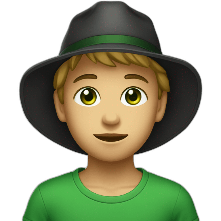 A boy with green eyes, wearing a black Sun hat  and a green T-shirt with a black letter “G” on T.Shirt emoji