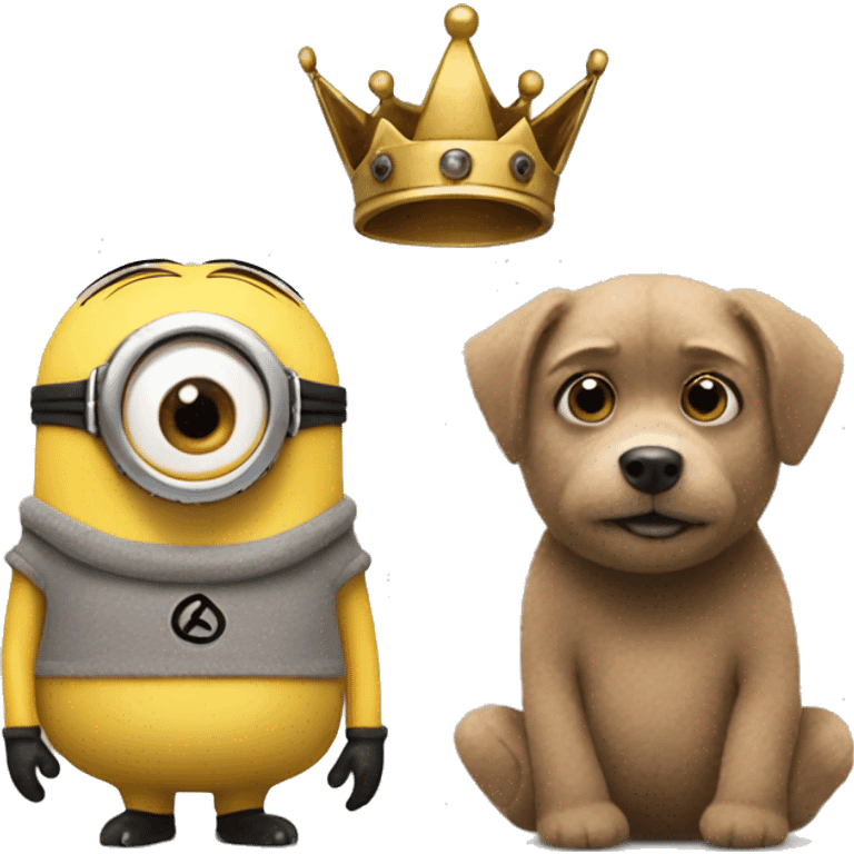 a minion with one brown eye and one grey eye holding a brown teddy bear with a crown on emoji