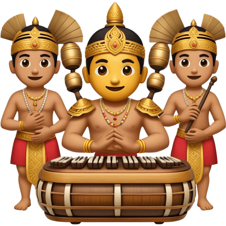 Cinematic Realistic Gamelan Pop Culture Emoji, depicted with an ensemble of traditional Indonesian instruments rendered with rich textures and rhythmic, cultural lighting. emoji