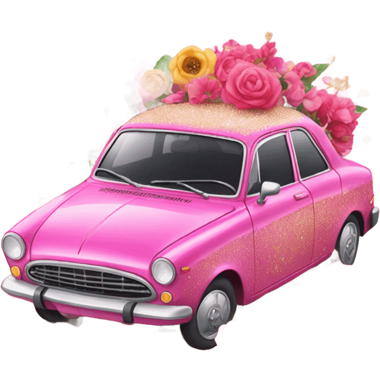 Pink car with glitter and decorated flowers  emoji