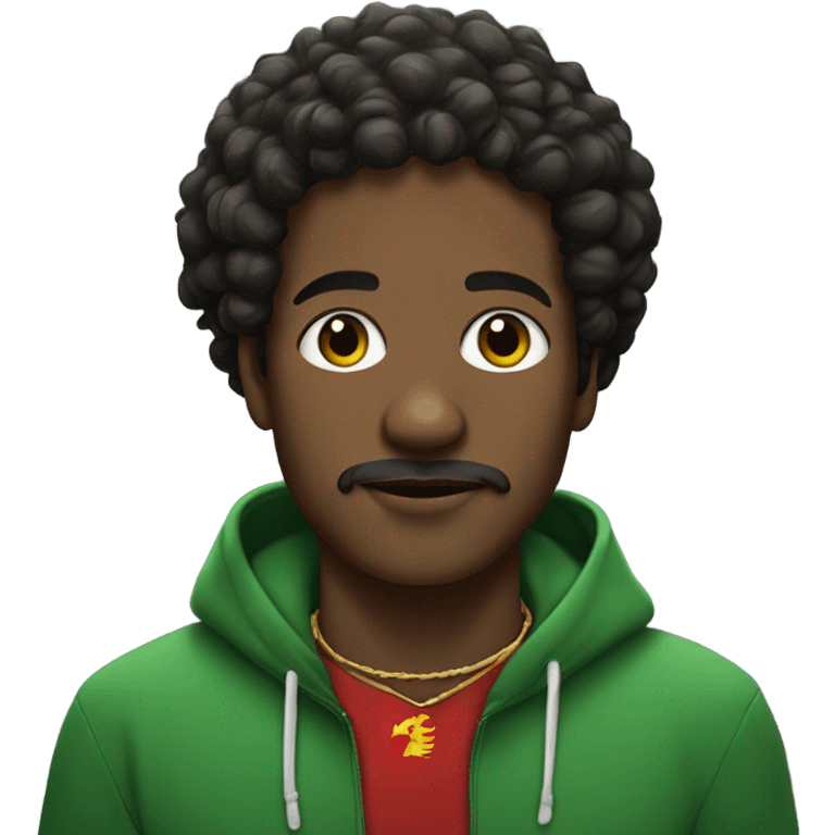 black man with curly hair, and a hoodie and a thin moustache wearing a necklace of the sudan flag emoji