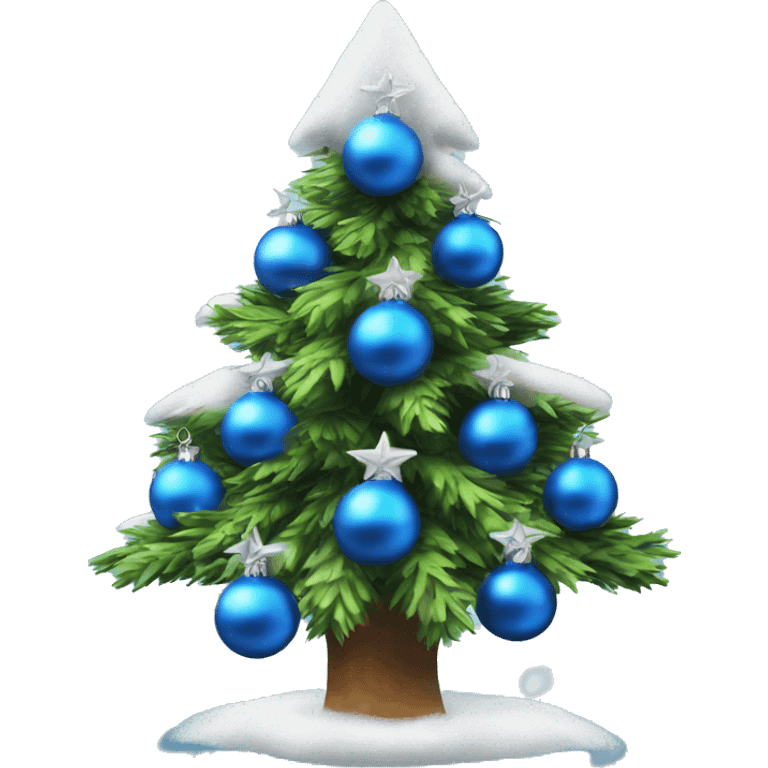 Christmas tree decorate with fake snow , lights and blue ornaments  emoji