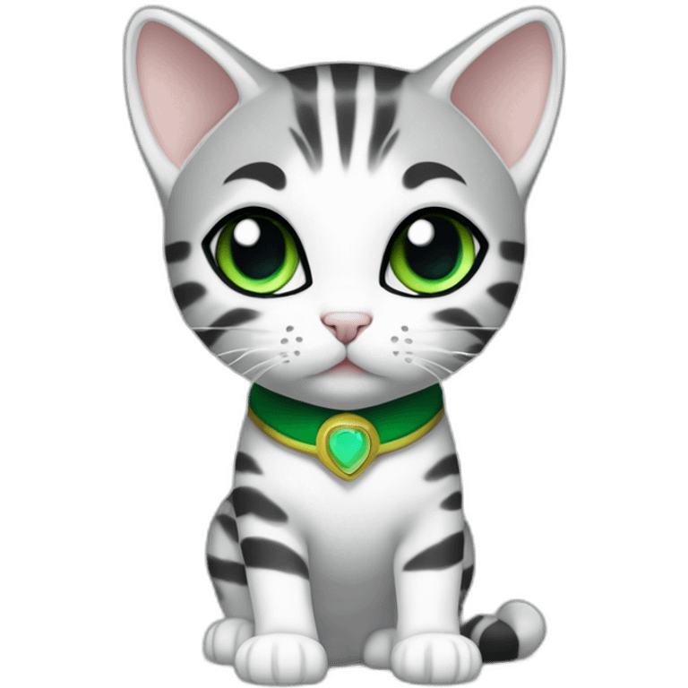 cuddly light white and grey domestic shorthair tabby with green and blue eyes black pupils, walking and playing wearing a cute costume female emoji