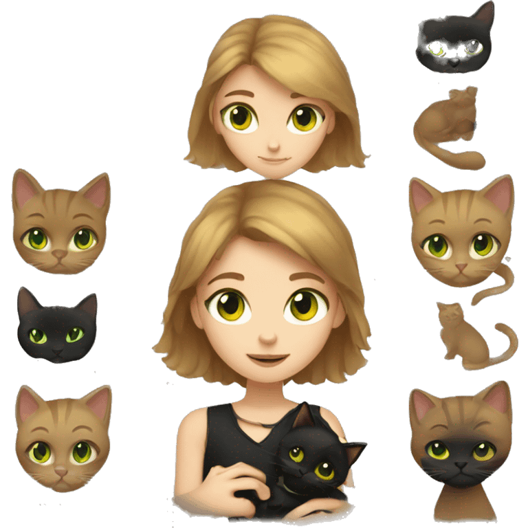 Girl with light brown hair and green eyes holding a black cat with yellow eyes  emoji