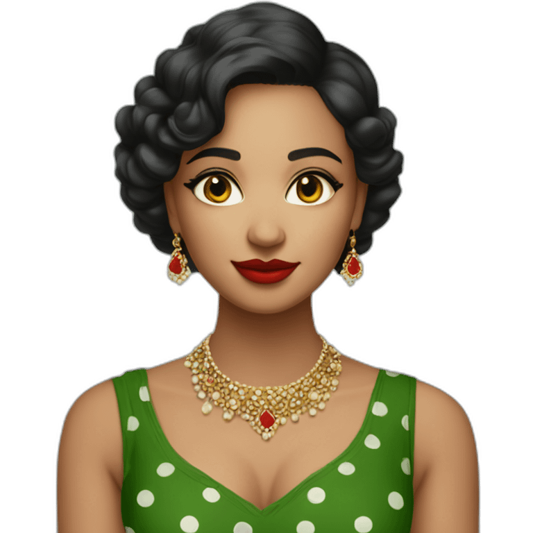 Beautiful Indian girl with light skin short hair bindi red lipstick wearing green low neck dress with polka dots emoji