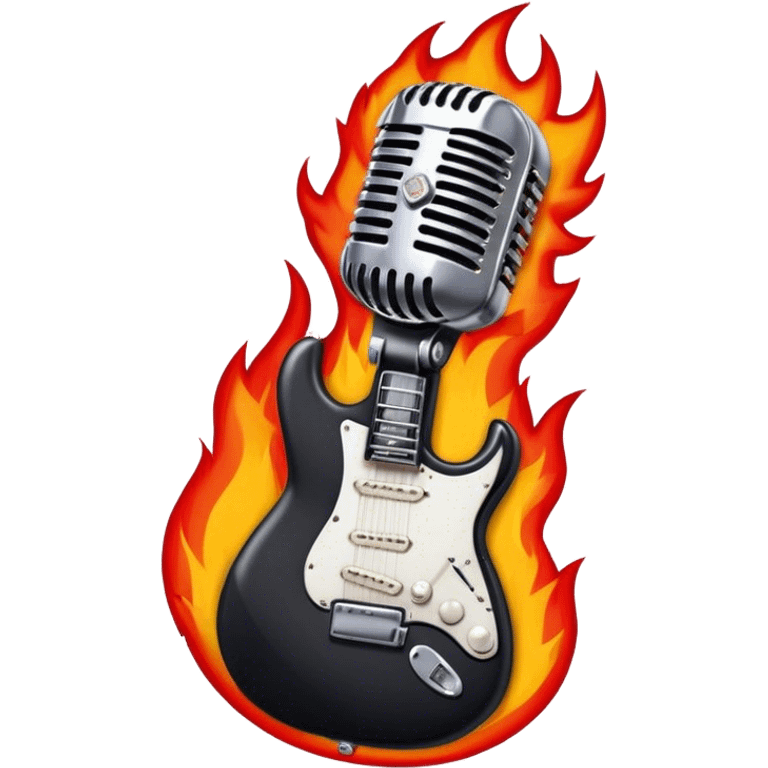 Create a bold and powerful emoji representing rock vocal performance in a humanless collage. The design should feature a vintage microphone at the center, surrounded by a heavy, aggressive hardcore electric guitar with sharp, jagged edges. Include crossed drumsticks behind the guitar, symbolizing the intense rhythm of rock music. Add fiery elements like flames or lightning bolts to enhance the raw energy of the design. Use dark, bold colors like black, red, and silver, with metallic or chrome accents to reflect the rebellious, hard-hitting nature of rock. The background should be transparent. emoji