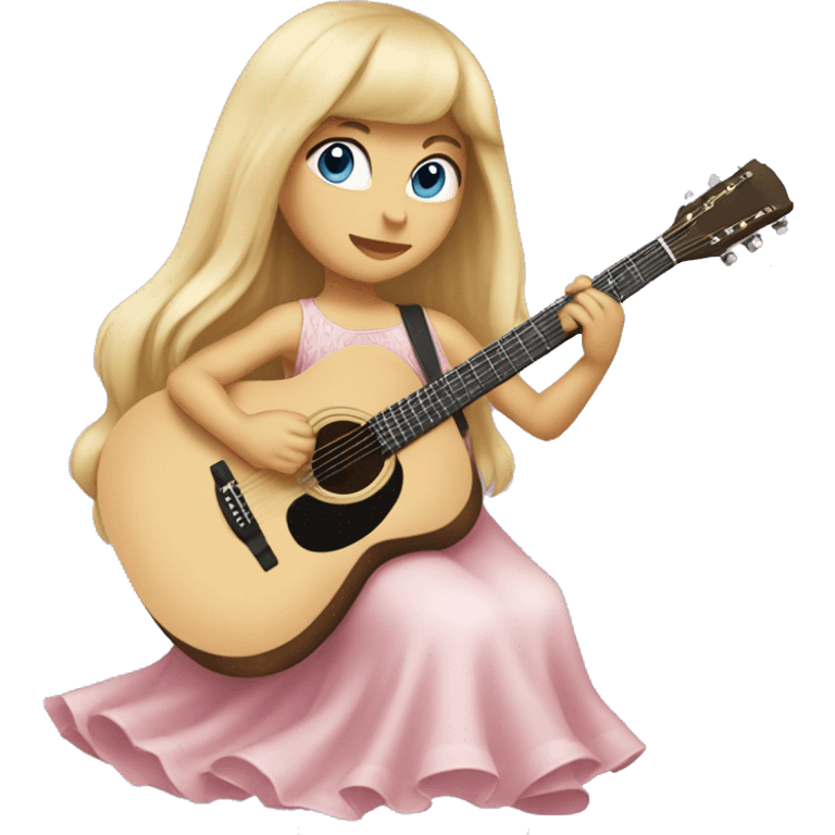 Girl with long blonde hair and bangs, blue eyes, wearing a baby pink long dress, playing acoustic guitar  emoji