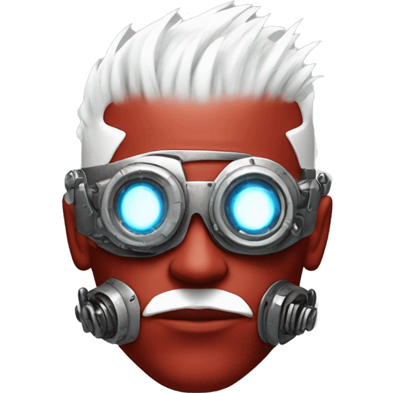 Red skin male cyborg head with white Mohawk, white goatee and white steampunk goggles emoji