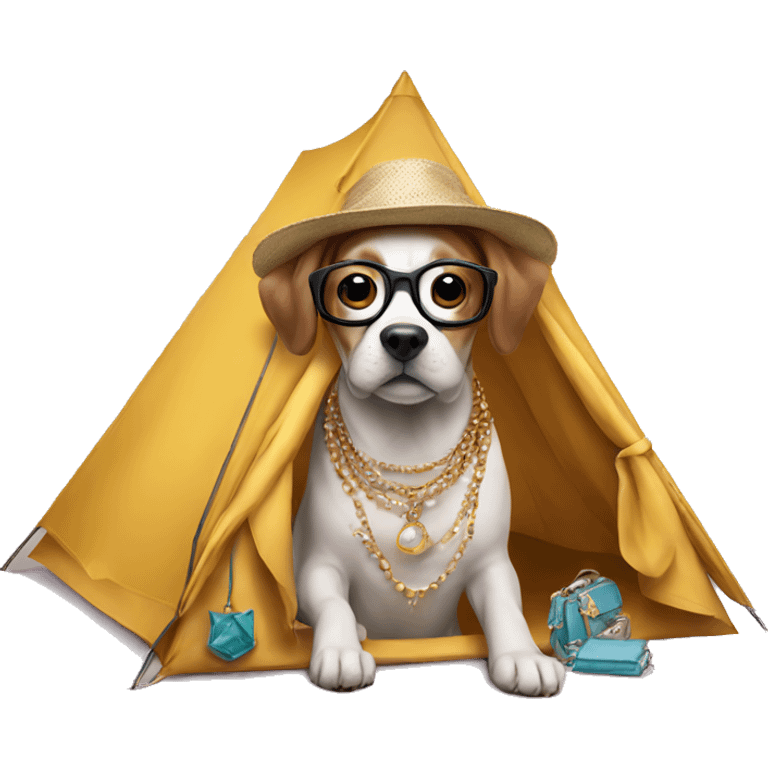 dog in tent, jewelry, hat and glasses emoji